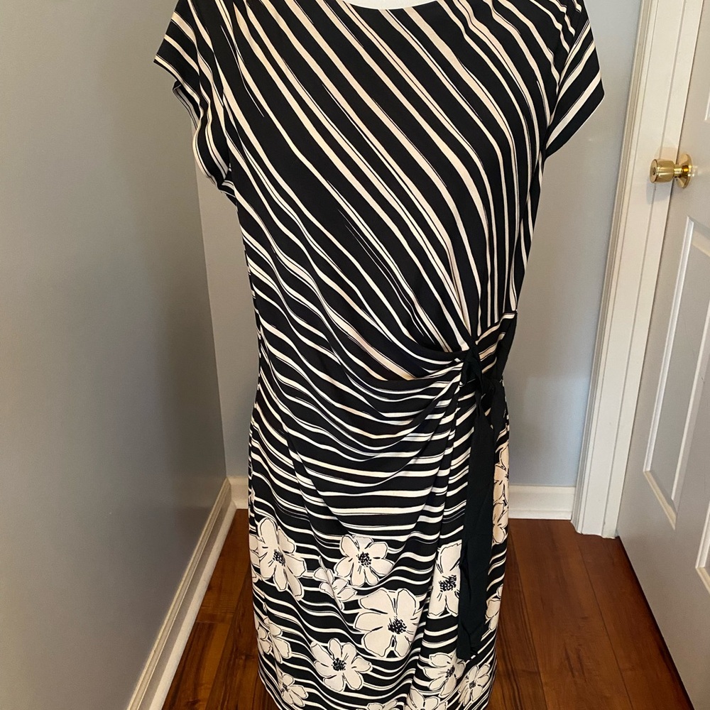 Taylor Black and Cream Striped Floral Midi Dress